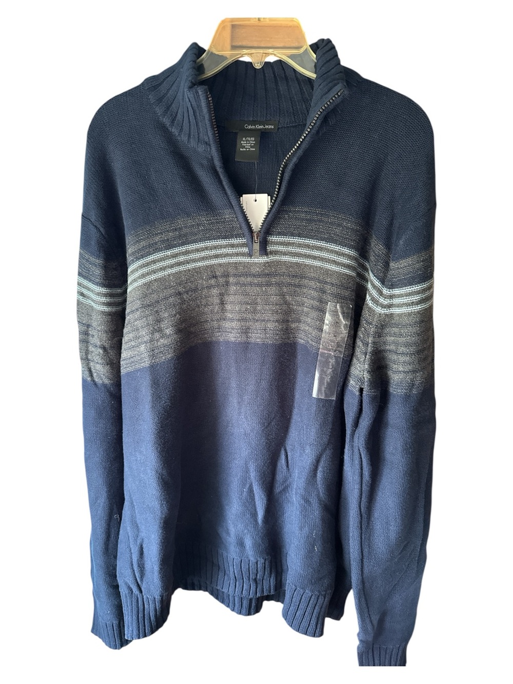 Calvin Klein Men's Navy Half-Zip Sweater with Gray and Light Blue Stripes